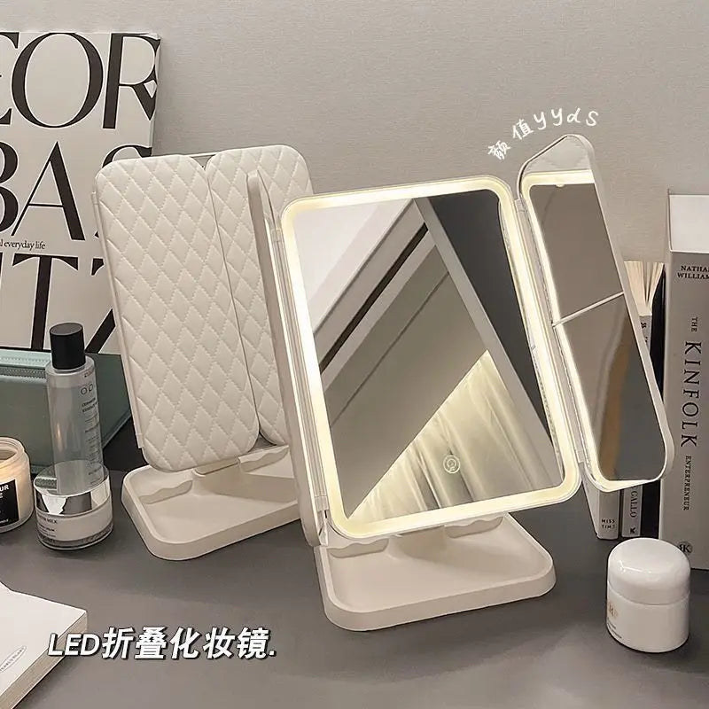 LED makeup mirror desktop with light, three fold enlarged, internet famous, dormitory desktop beauty, bedroom dressing mirror