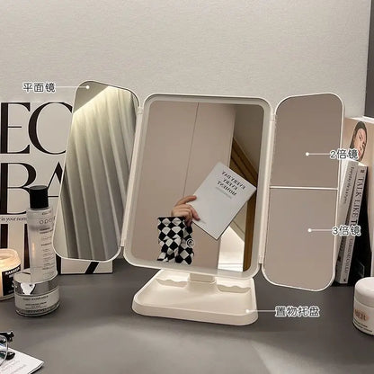 LED makeup mirror desktop with light, three fold enlarged, internet famous, dormitory desktop beauty, bedroom dressing mirror