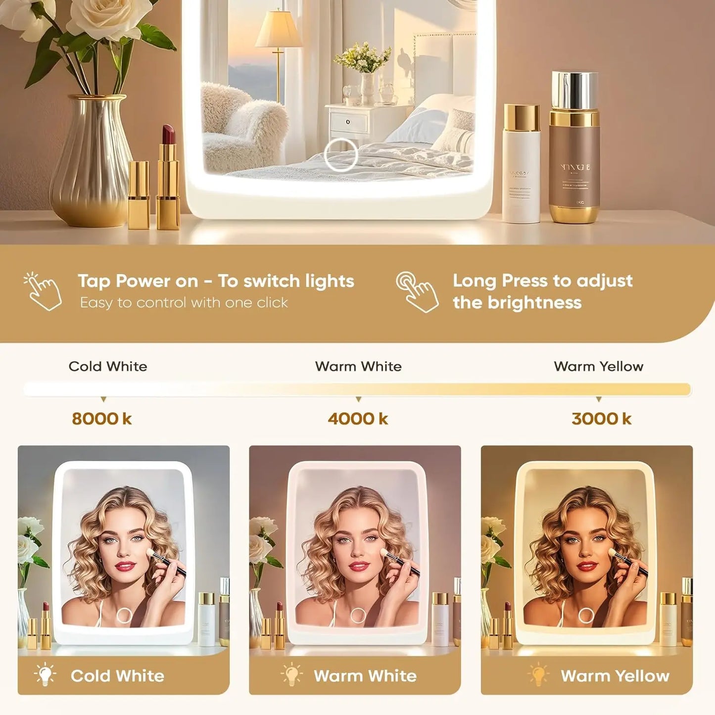 Portable LED Makeup Mirror – Touch, 3-Color Rechargeable Light