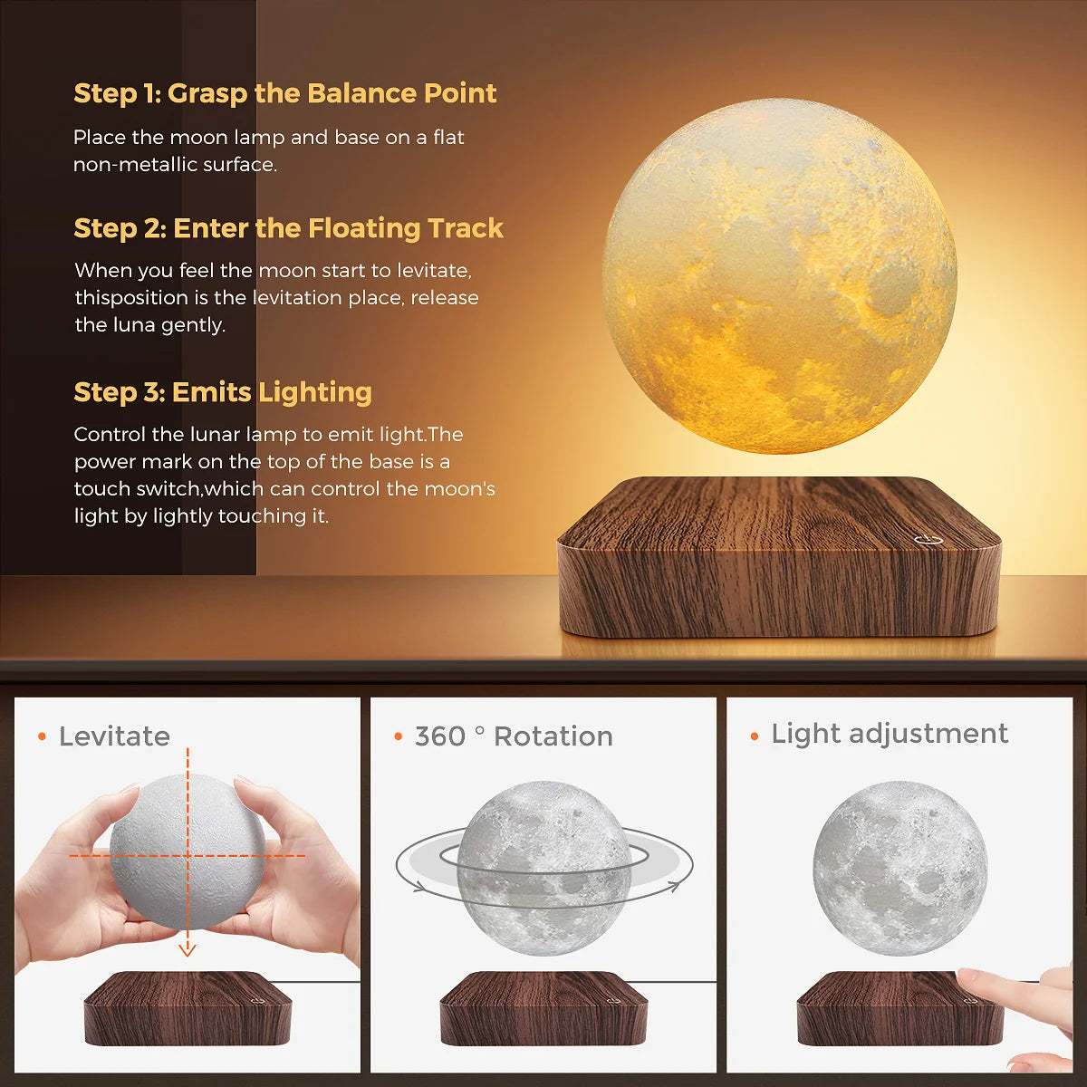 3D Levitating Moon Lamp – Magnetic LED Night Light with Base