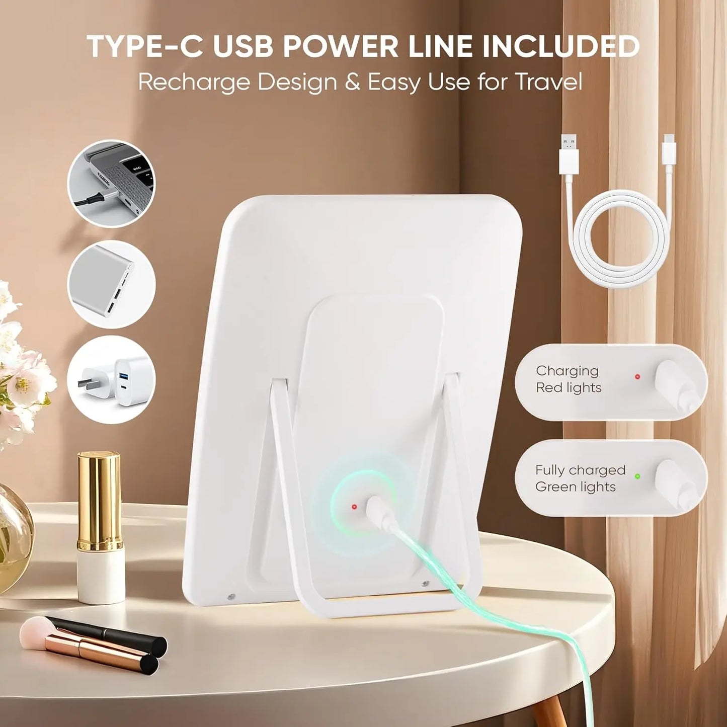 Portable LED Makeup Mirror – Touch, 3-Color Rechargeable Light