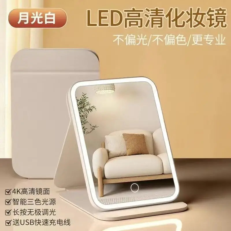 LED makeup mirror desktop with light, three fold enlarged, internet famous, dormitory desktop beauty, bedroom dressing mirror